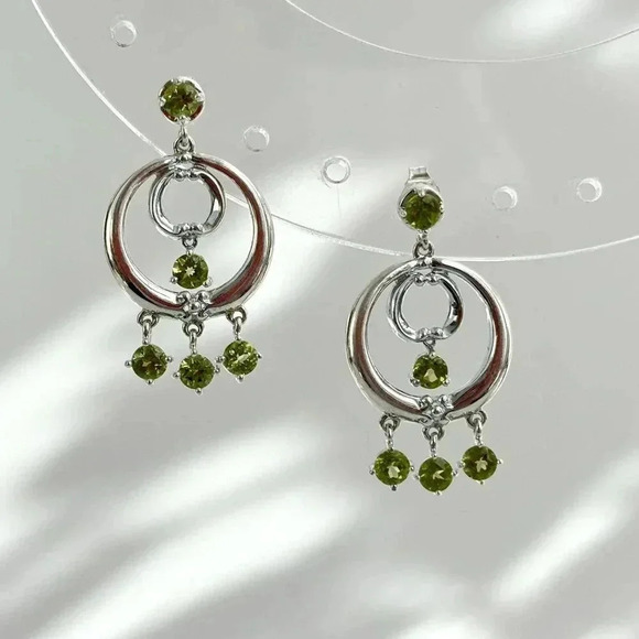 Sterling Silver Green Rhinestone Chandelier Style Hoop Boho Retro Earrings - Picture 1 of 10